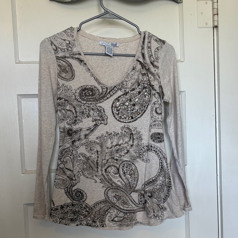 RXB Beige Paisley Long Sleeve Top with Sequin Detail Size M